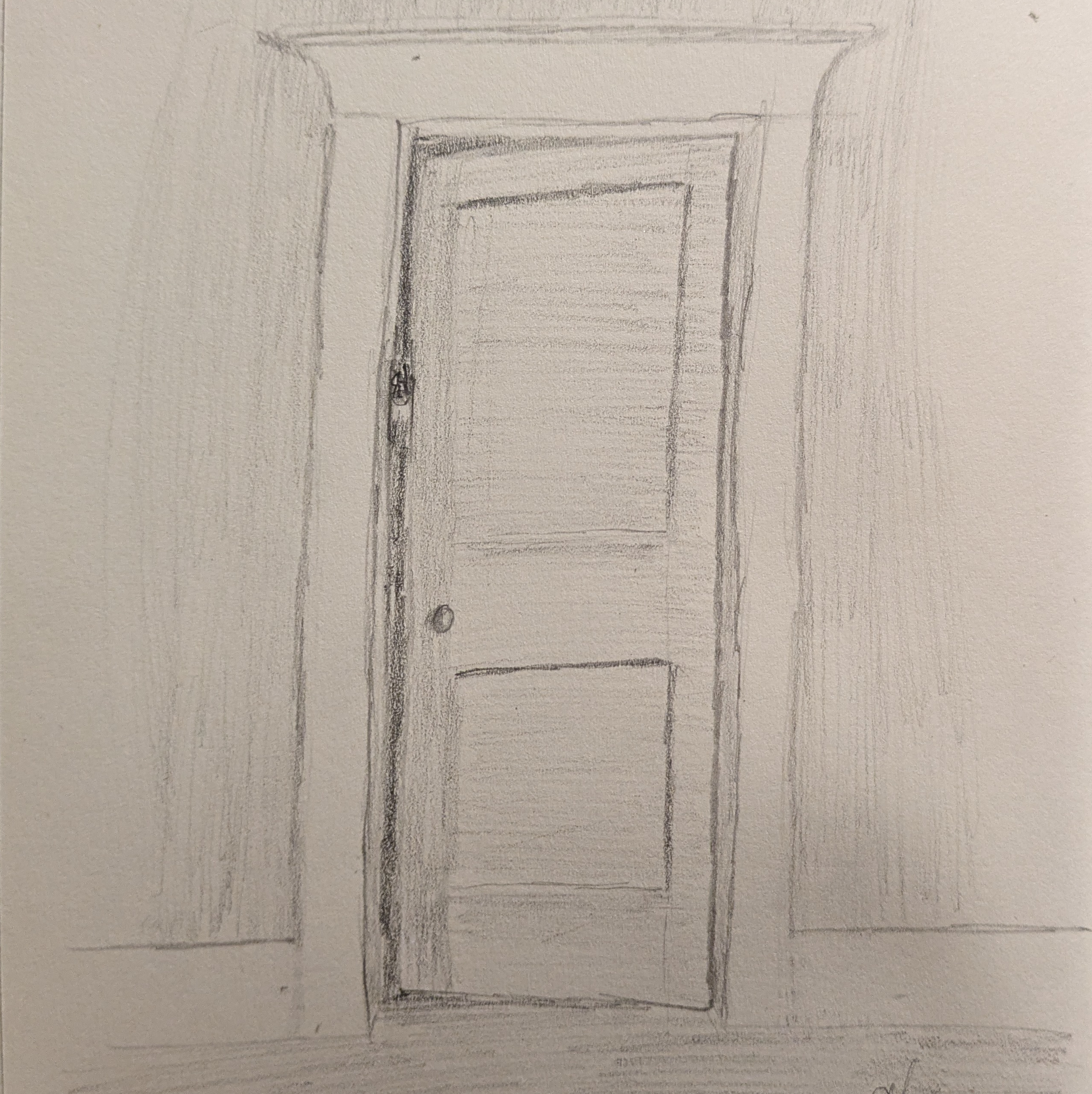 A sketch of an eye peeking out from behind a door hanging ajar